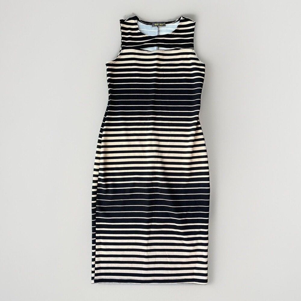 Brat Star Striped Bodycon Dress Womens Size S Black Cream Midi Cutout Tank